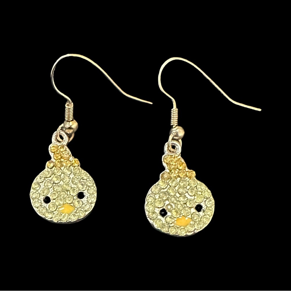 Adorable Gold Tone Baby Chick Earrings Rhinestone Sparkle Chicken